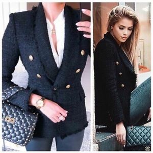Zara Black Tweed Jacket with Gold Buttons, Medium